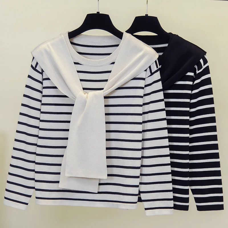 

Nkandby Plus Size Striped Pullover Sweaters Female Autumn Winter Shawl Collar Loose Long Sleeve Knitted Jumpers Fashion Tops