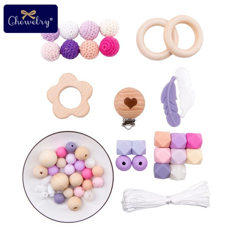 Pink Flower Set 1 набор, детский деревянный прорезыватель, бук, соска, цепь, подвеска, вязание крючком, бисер, сделай сам, браслеты для кормления, деревянное кольцо, BPA бесплатно, детские игрушки для прорезывания зубов - Цвет: Pink Flower Set