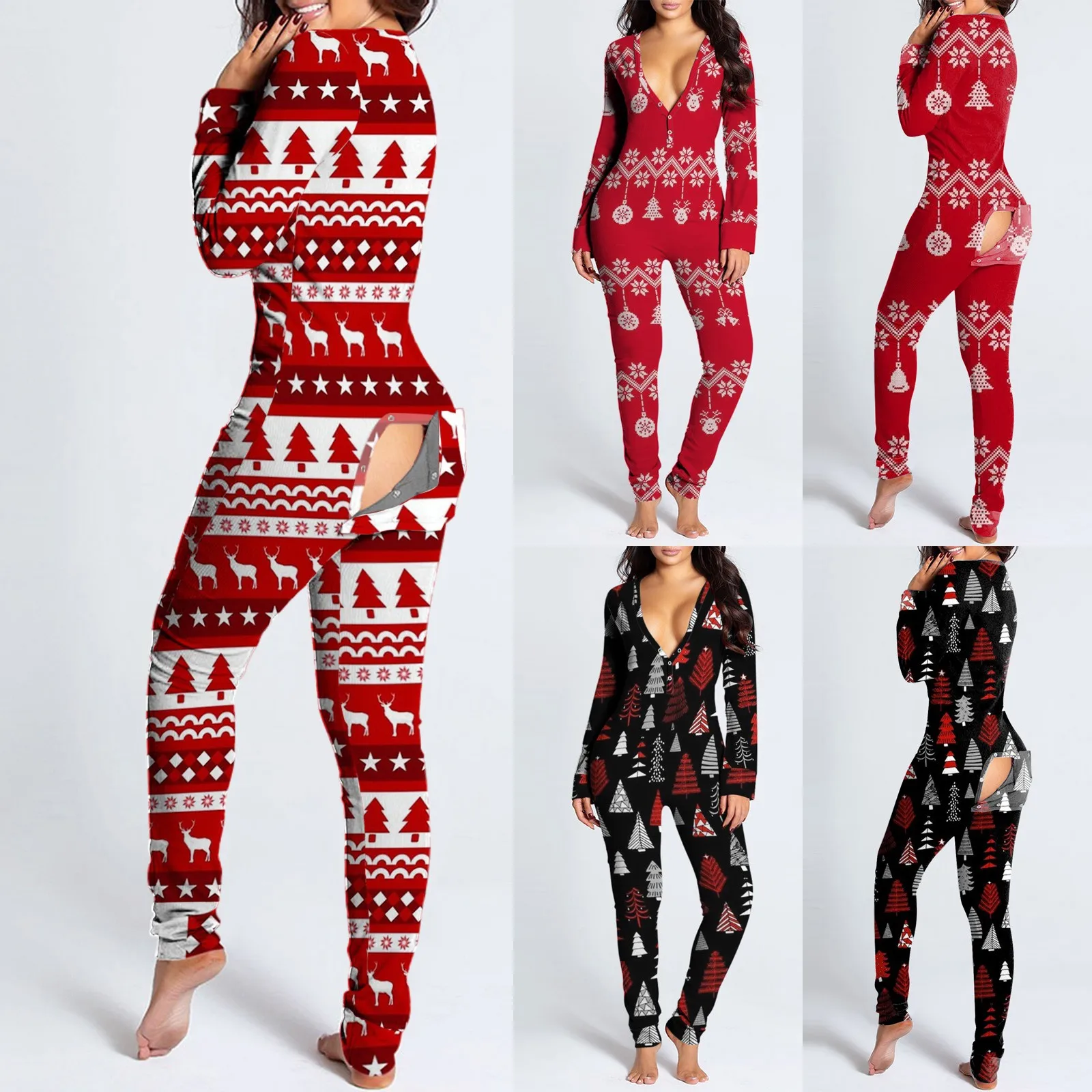 

Sexy Pyjama Women's Christmas Print V-Neck Jumpsuit Onesies Button-Down Front Back Butt Bum Flap Jumpsuits Loungewear Pajamas
