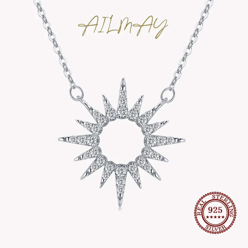 

Ailmay Sparkling Clear Zircon 925 Sterling Silver Trendy Luxury Sun Pendant Necklace For Women Classic Wedding Statement Jewelry