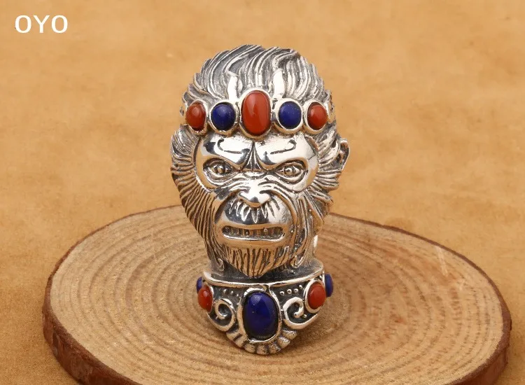 S925 Sterling Silver Pendant Men's and Women's Jewelry Thai Silver Monkey King Monkey King Tee Stupa