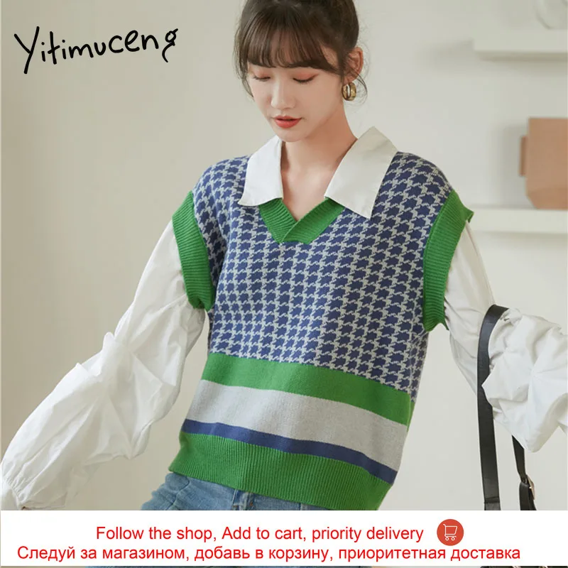

Yitimuceng Fake 2 Pieces Patchwork Blouse Women Shirts Loose New Spring 2021 Long Sleeve Turn-down Collar Knitted Fabric Tops