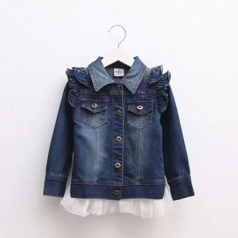 Новая джинсовая куртка для девочек весенне-осеннее пальто с кружевом для девочек-подростков, верхняя одежда с рюшами, Детская школьная одежда