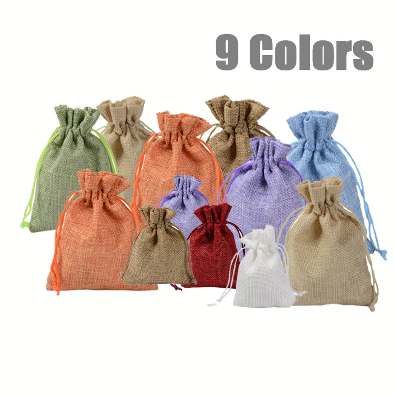 

10PCS/Set Burlap Packing Pouches Drawstring Bags For Jewelry Display Paper Price Tags And Hemp Cord Twine String 9x12cm