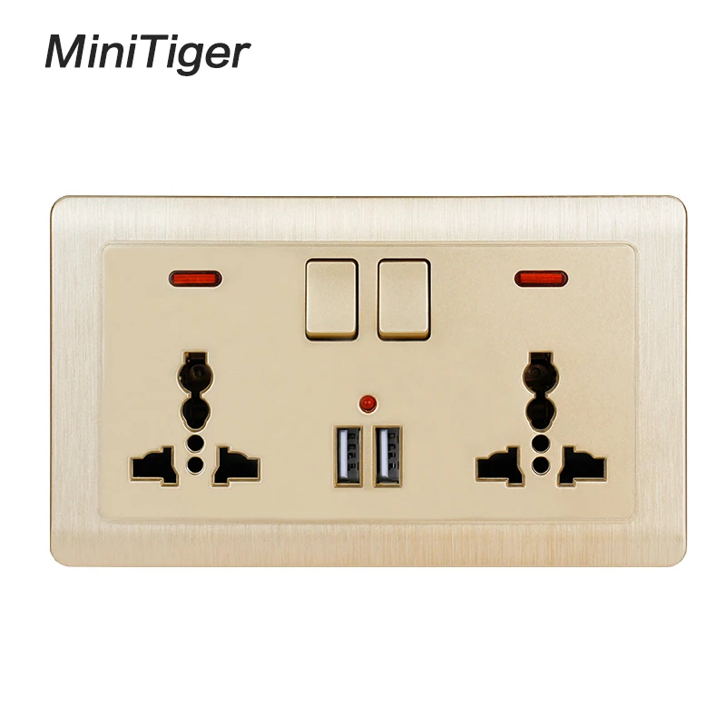 Minitiger Золотая настенная розетка 2 банды Универсальная 3 отверстия переключаемая розетка с неоновым 2.1A двойной USB зарядное устройство Порт светодиодный индикатор 146