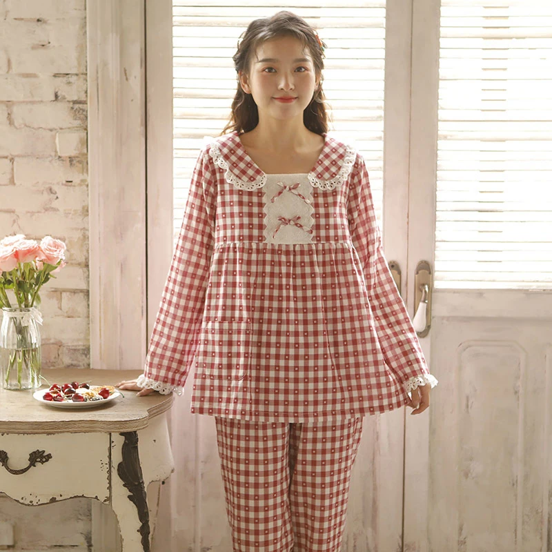 

XIKUO 2022 Spring New Women Plaid Home Pajamas Pure Cotton Long-sleeved Sleepwear Suit Japanese Home Clothes Boutique Nightwear