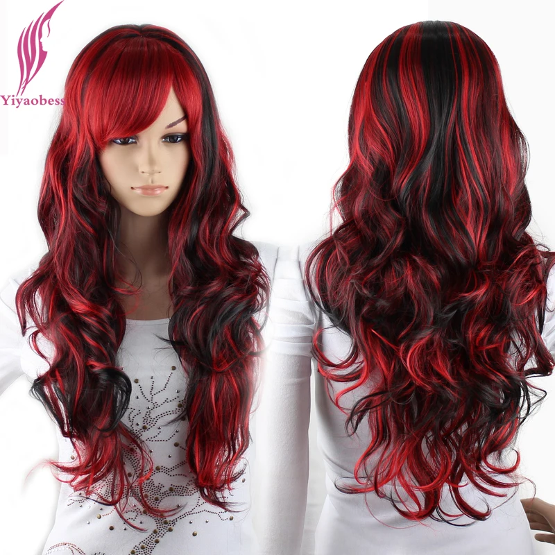 Yiyaobess Synthetic Black Red Highlights Hair Wig With Bangs Halloween Costume Party Long Wavy Rainbow Colored Wigs For Women
