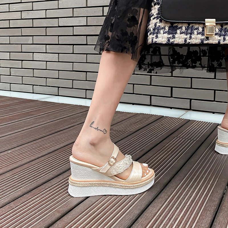 

EGONERY Women summer New Style Slipper Fashion Leisure Slope Heel Sandals Round Toe String beads decoration Concise Comfortable