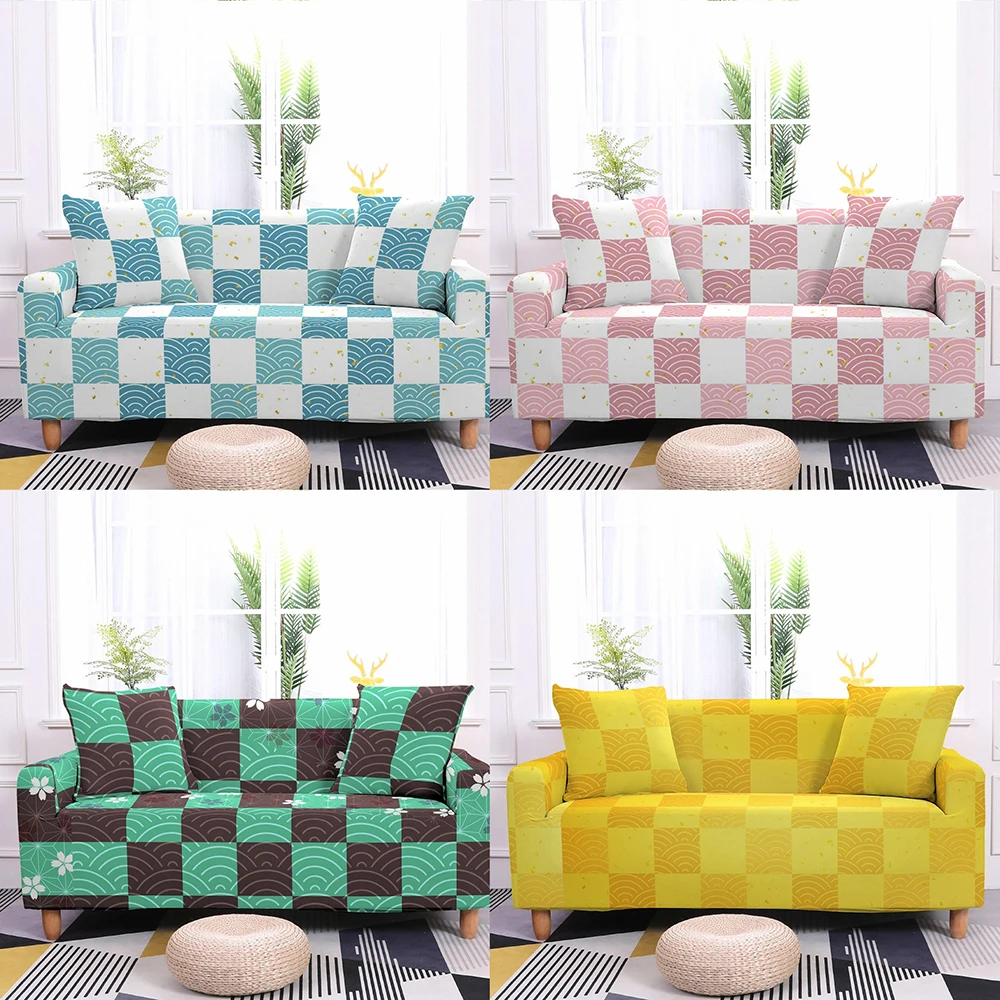 

Abstract Geometry Elastic Sofa Cover Living Room Sectional Corner L shape Waves Plaid Couch Covers Armchair Slipcover 1-4 Seater