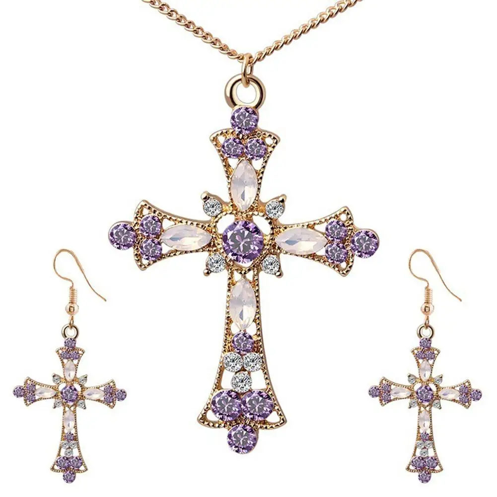 

Women Rhinestone Inlaid Cross Pendant Chain Necklace Hook Earrings Jewelry Set