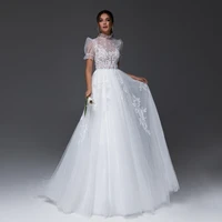 eightree 2021 white wedding dresses high neck tulle applique a line bridal puff sleeve wedding evening princess gown custom size
