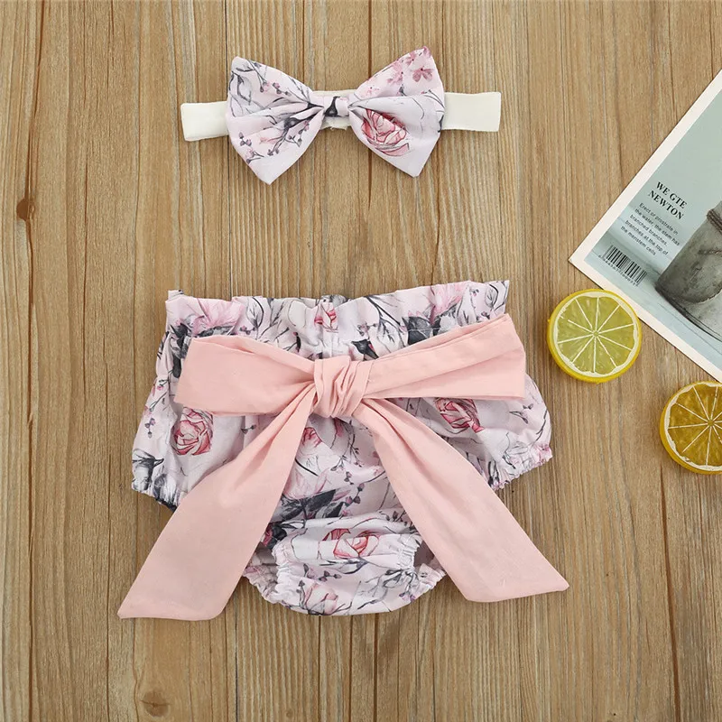 

Fashion Toddler Baby Girls Clothes Short Sleeve Solid Romper Floral Bow Shorts+Headbands Outfits Summer Baby Set