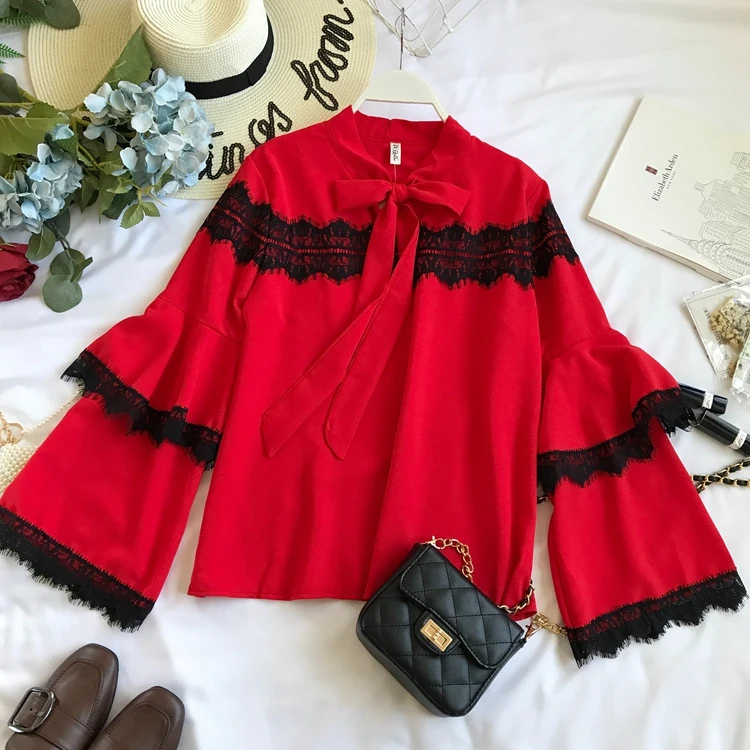 Осенняя и зимняя кружевная Повседневная рубашка с длинными расклешенными