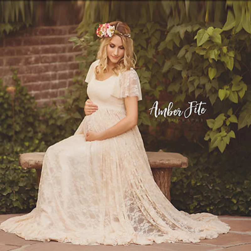 Dress for Baby Shower Pregnancy Photo Shoot Grossesse VestidosSummer Soft Lace Loose Crew Neck Lace Sweet Style enlarge