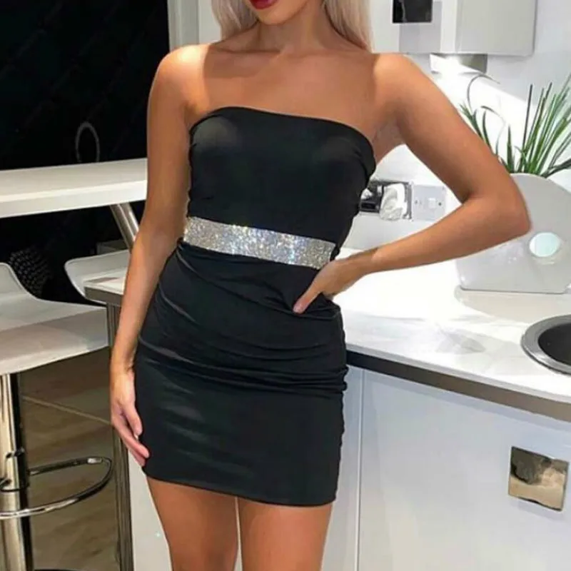 

Polychromatic Belt False Jewel Sexy Tube Dress Strapless Mini Pencil Dress Summer 2020 Bodycon Party Club Dress
