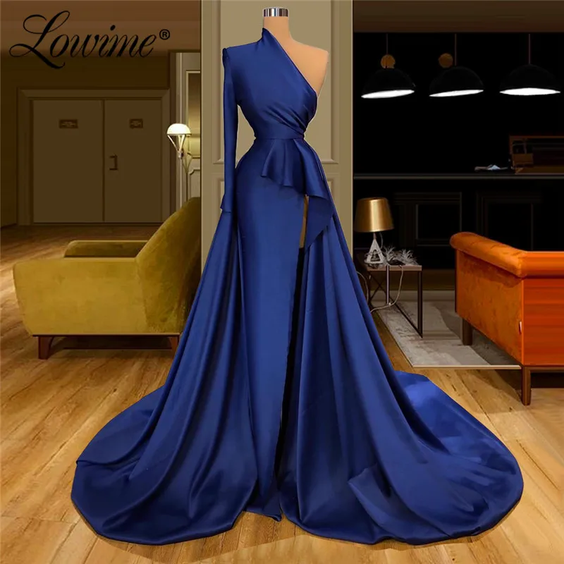 

One Shoulder Formal Long Sleeve Party Dresses Saudi Arabia Evening Dress Blue Satin Runway Dress Prom Gowns Custom Made Robes