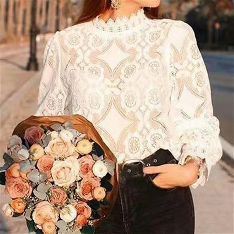 

Women Office Lady Lace Blouse Elegant Formal Embroidery Long Sleeve White Shirts Flower Hollow Fashion Female Chemise Clothing