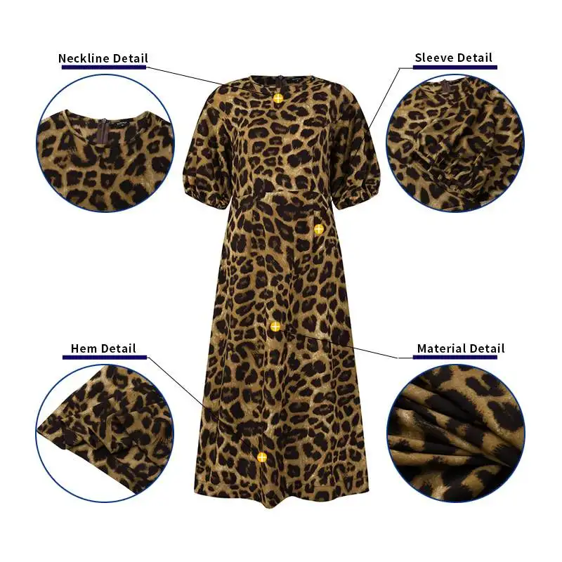 

Casual Puff Sleeve Dress 2021 VONDA Women O Neck Half Sleeve Vintage Leopard Printed Mid-Calf Dresses Femme Elegant Vestidos 5XL