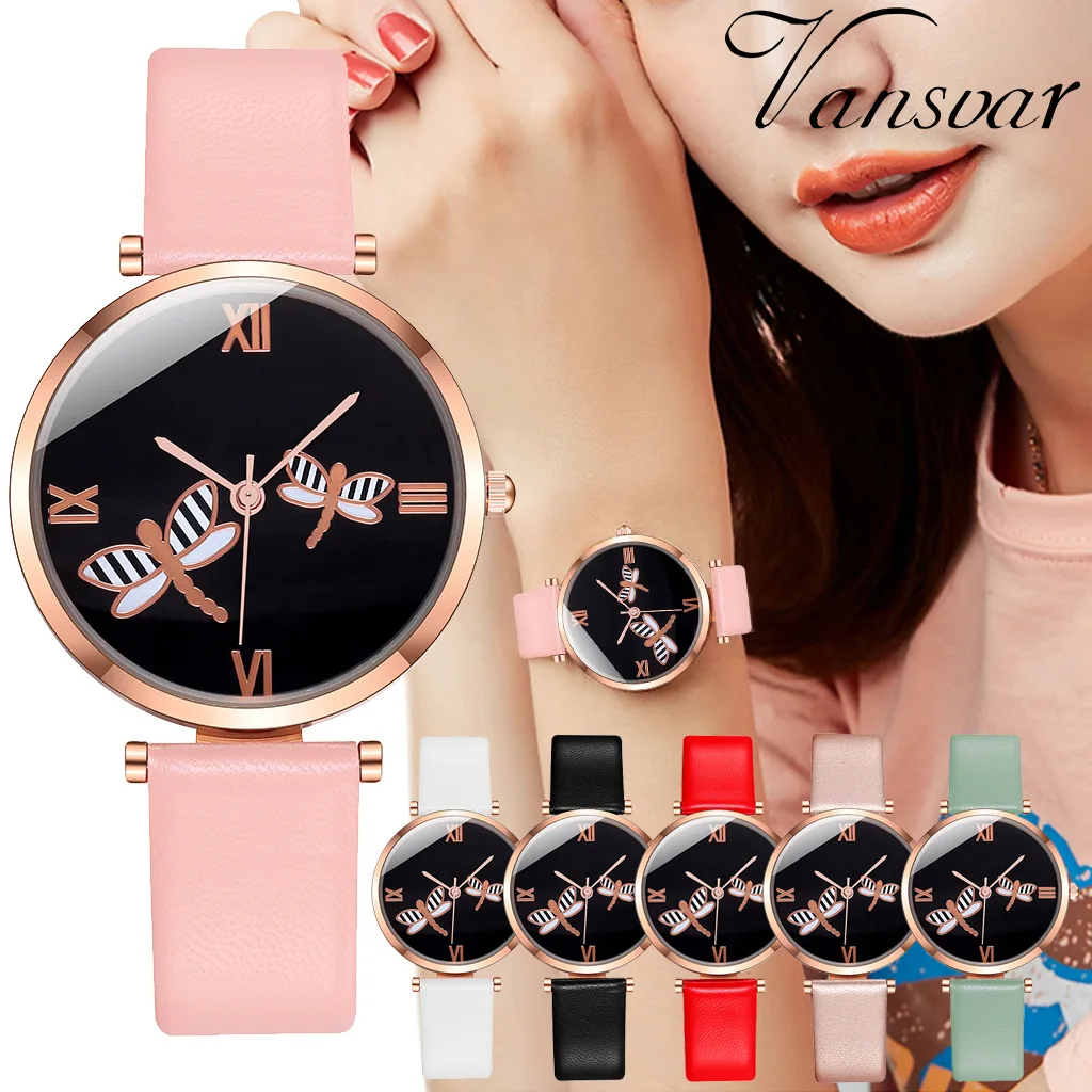

Fashion Female Quartz Watch Korean Version Pink Leather Strap Butterfly Pattern Roman Numerals Dial Ladies Wrist Watch For Women