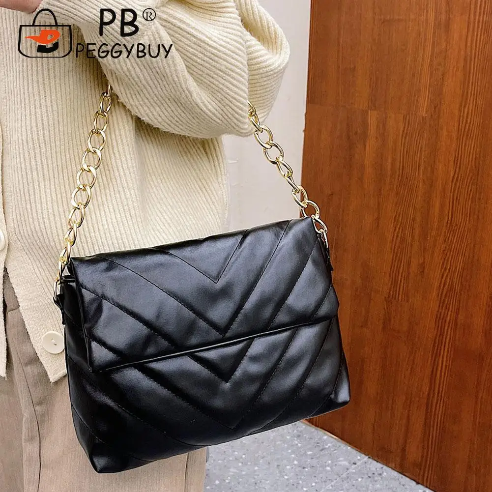 

Fashion Women PU Leather Thick Chain Shoulder Underarm Bag Portable Embroidery Thread Quilted Lattice Pattern Flap Handbags