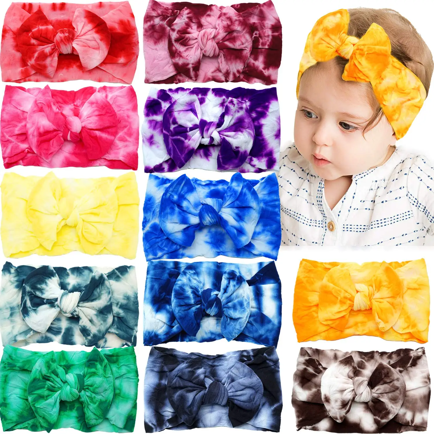 

4 Pcs Tie Dye Super Stretchy Soft Knot Baby Girl Headbands with Hair Bows Head Wrap For Newborn Baby Girls Infant Toddlers Kids