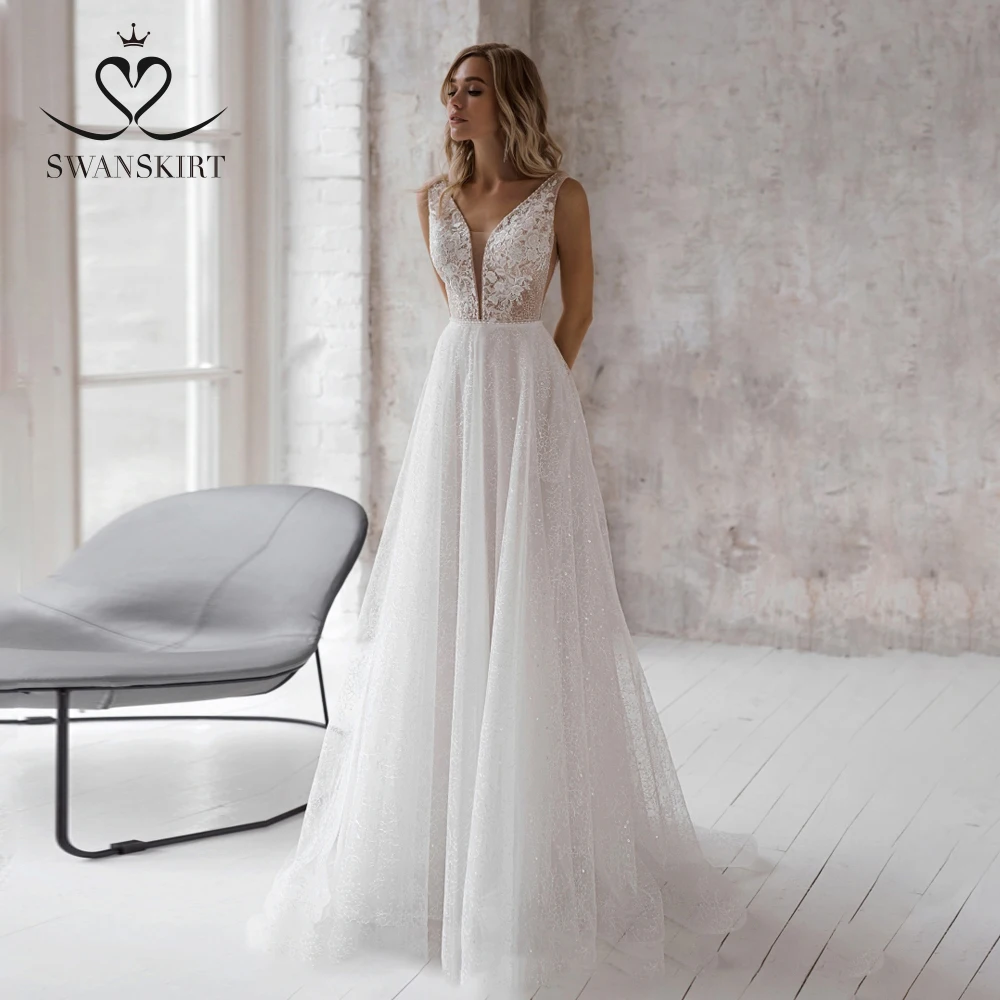 Сексуальное свадебное платье с аппликацией из тюля открытой спиной юбка Swanskirt NR10