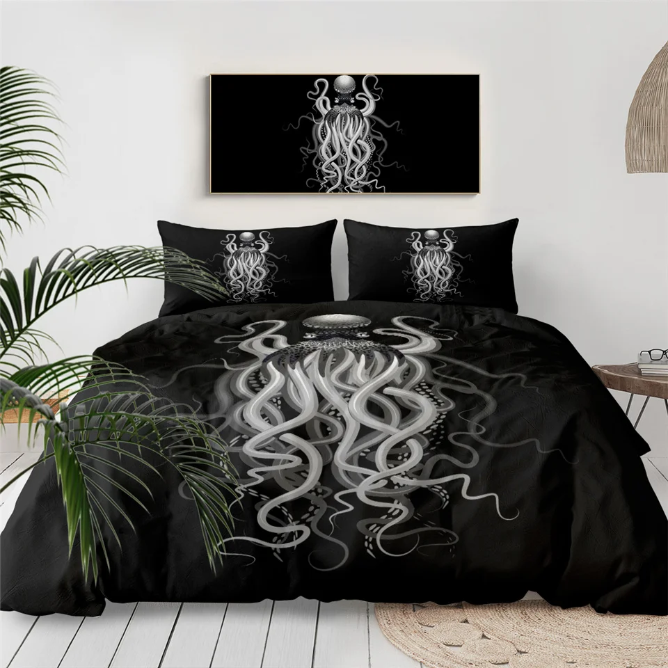 1 Постельные принадлежности Outlet Octopus Ghost пододеяльник акварельный Комплект постельного белья черный серый покрывала страшные морские животные домашний текстиль 3 предмета - Цвет: 1