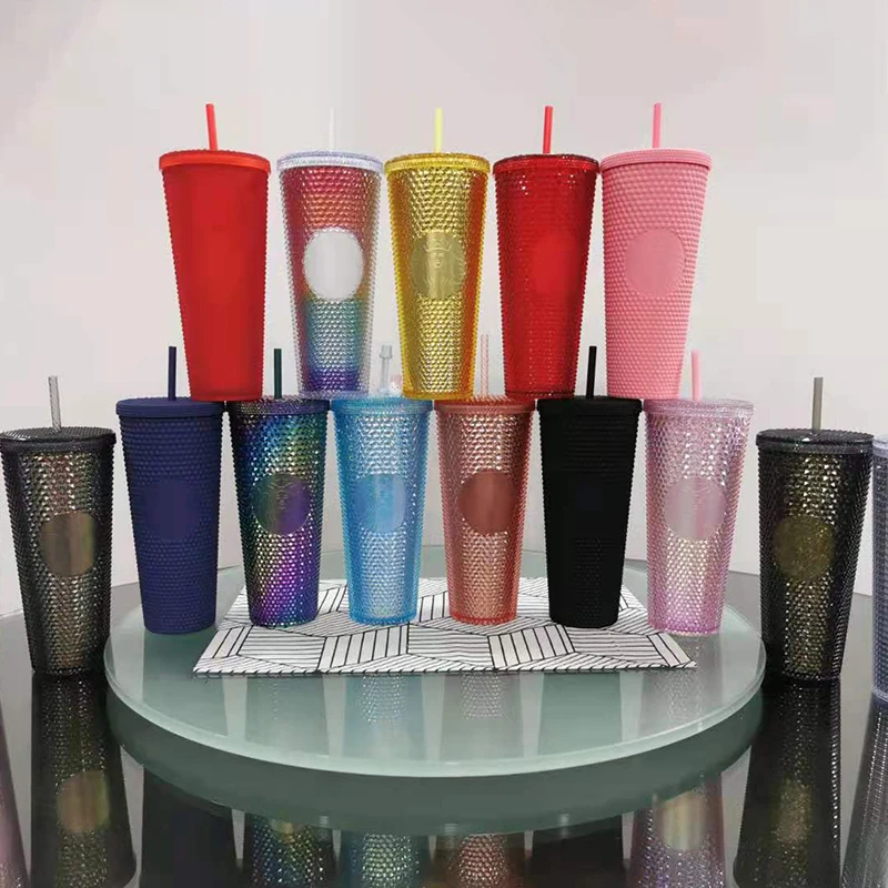 

Blank DIY Venti 710ml 24oz 22oz Double Wall Tumbler Bling Diamond Studded Glitter Plastic Straw Cold Coffee Cup without Logo
