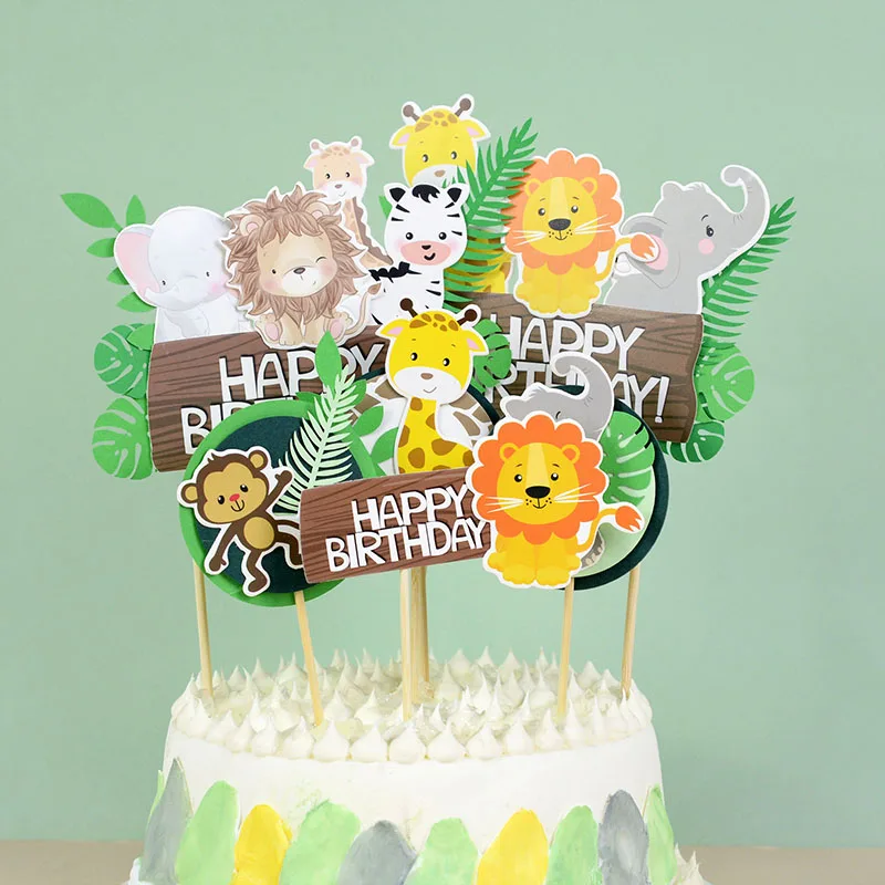 

1/4pcs Happy Birthday Wild Jungle Party Animal Cake Topper Cupcake Flag Kids First Safari Birthday Baby Shower Cake Decoration