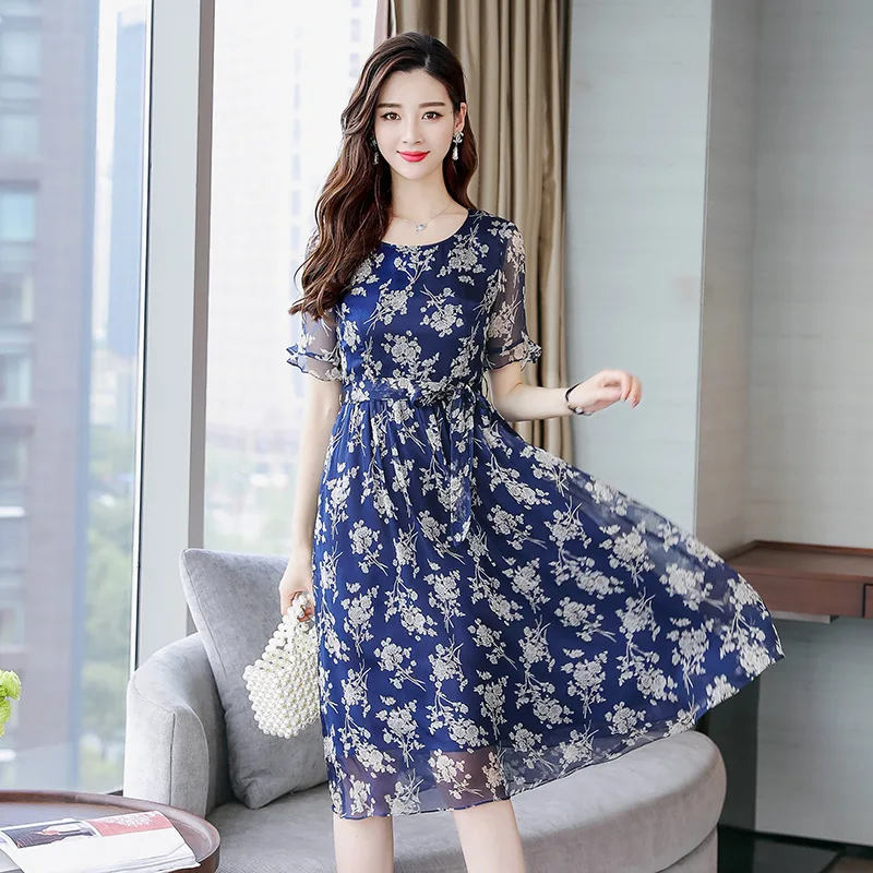 Женское платье средней длины летнее из шелка тутового шелкопряда с цветами #