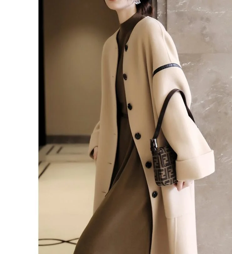 

Woolen coat women's middle and long 2020 winter new temperament versatile wool collarless long woolen coat
