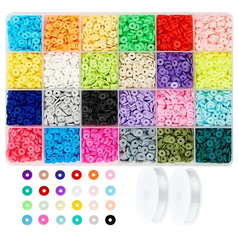 

1 Set 24 Colors 6mm Flat Round Polymer Clay Loose Spacer Beads with Elastic Strings for Handmade DIY Jewelry Bracelet