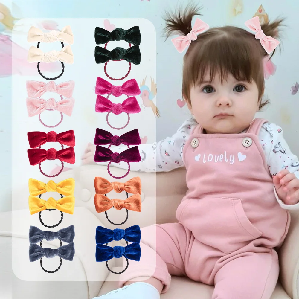 

2PCS/Lot Golden Velvet Bowknot Hair Bands Baby Girls Hairbands Solid Color Little Girls Hair Rope Head Bow Children Rubber Bands