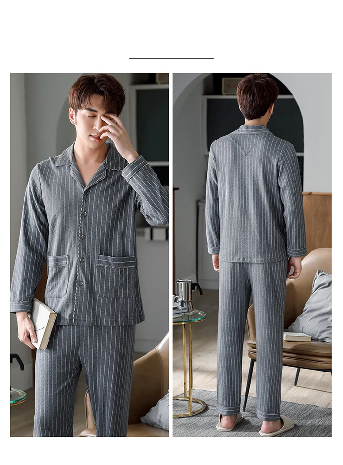 Men Pyjama Set 100% Cotton Spring Long Sleeve Print Men Pajama Suit Autumn Nightwear Collar Pijama Male Sleepwear Two Piece XXXL mens short pjs