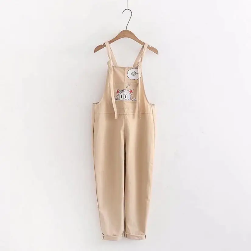 

Girl Cute Cartoon Cat Printing Embroidered Pink Overalls White Black Khaki Jumpsuits Female Summer Kwaii Overalls