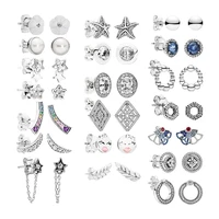 ear piercing stud earrings for women real silver 925 fine jewelry pearls zircon vintage fan circle bee star flower 2021 trend