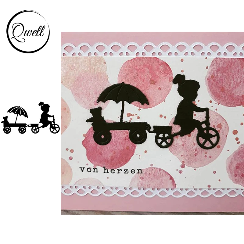 

QWELL Ponytail Girl Trolley With A Bear Holding Umbrella Metal Cutting Dies Stencil For DIY Scrapbooking Paper Card 2020 NEW