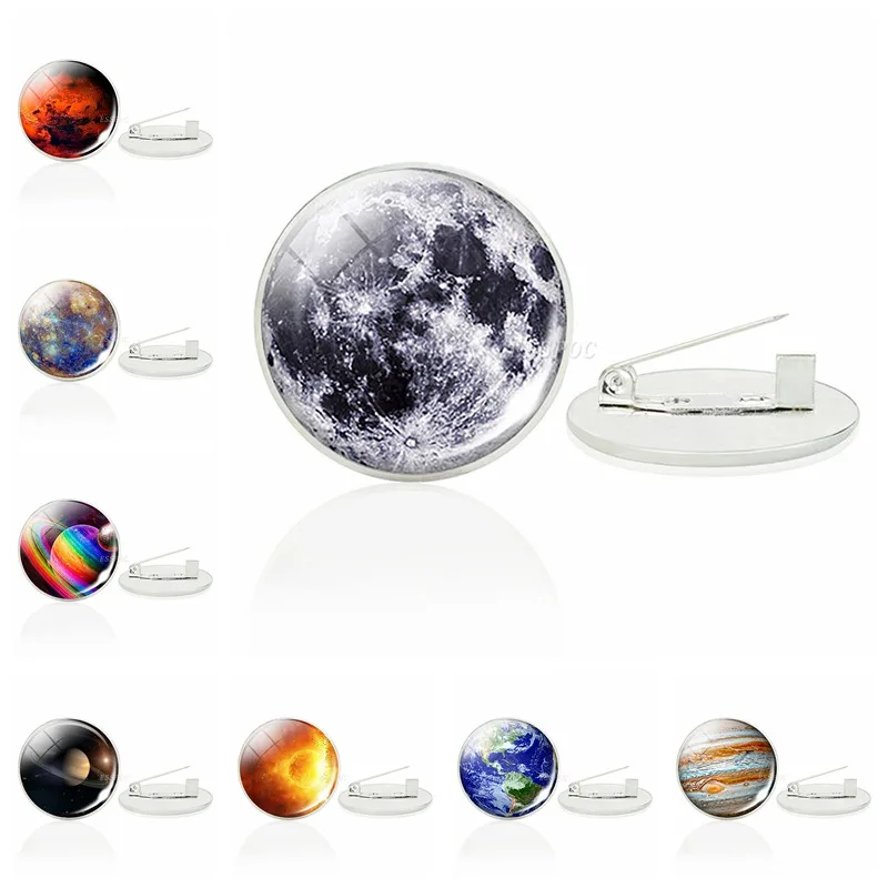 Брошь на полную луну с солнечной системой стеклянный кабошон галактика небула