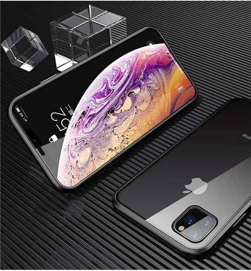 Черный 360 Полный Магнитный чехол для телефона iPhone 11 Pro 11 Pro MAX металлический бампер для iPhone XS XR XS MAX 8 7 6 6S Plus стеклянный чехол - Цвет: Черный