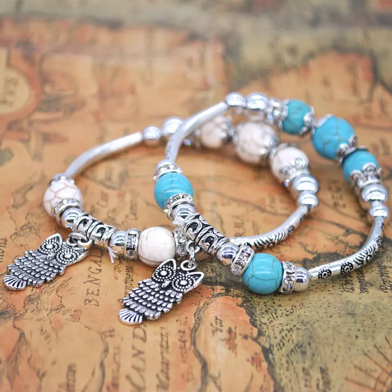 

Vintage Handmade Turquoise Beaded Tibetan Silver Bracelet Owl Pendant Pulsera De Mujer Female Fashion Bracelet Femme Jewelry