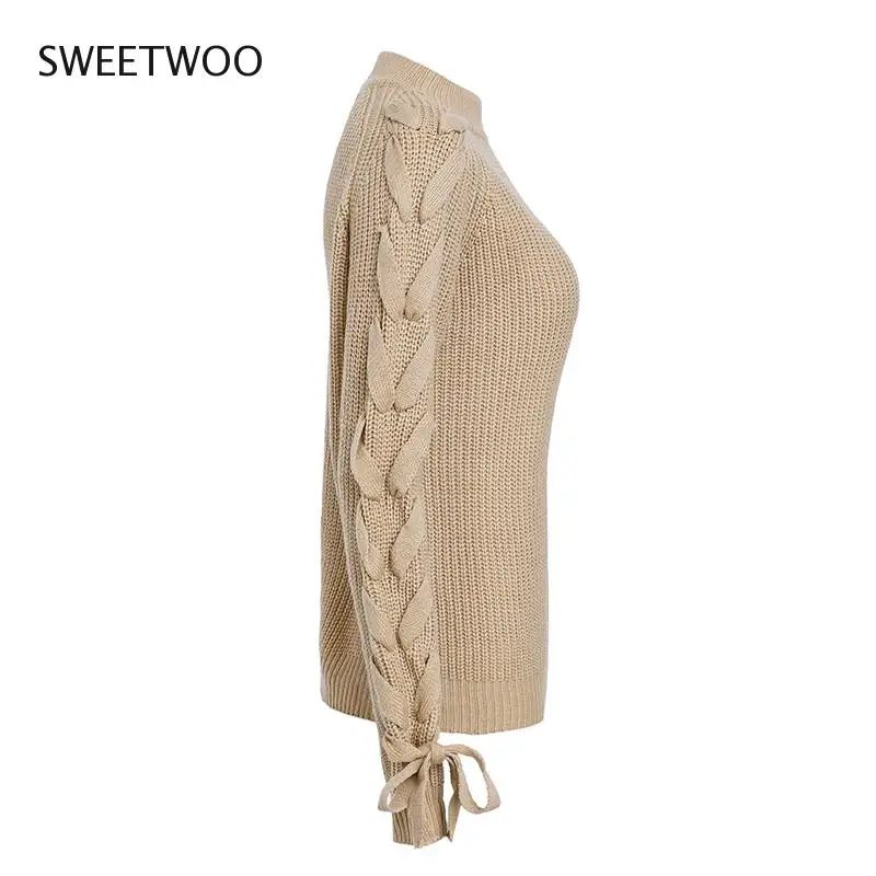 

Vintage Lace Up Sleeve Knitted Sweater Women o Neck Autumn Pullover Sweater Winter Casual Streetwear Pink Jumpers Female