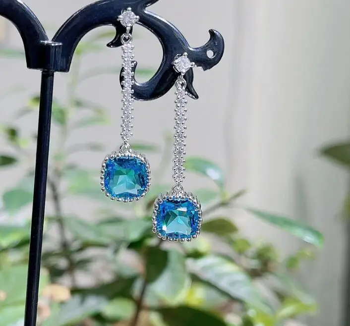 

gorgeous luxury sea blue crystal square gem geometric earrings long elegant girls water drop ear jewelry