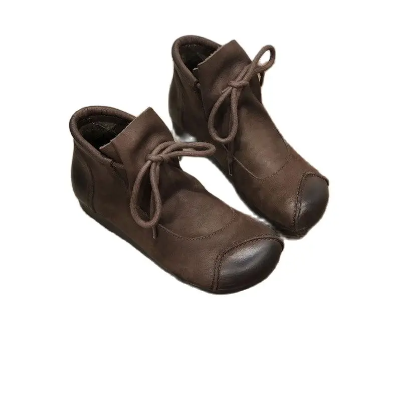 

239-25 осень и зима художественные женские ботильоны ручной работы ретро круглые плоские кожаные повседневные женские ботинки