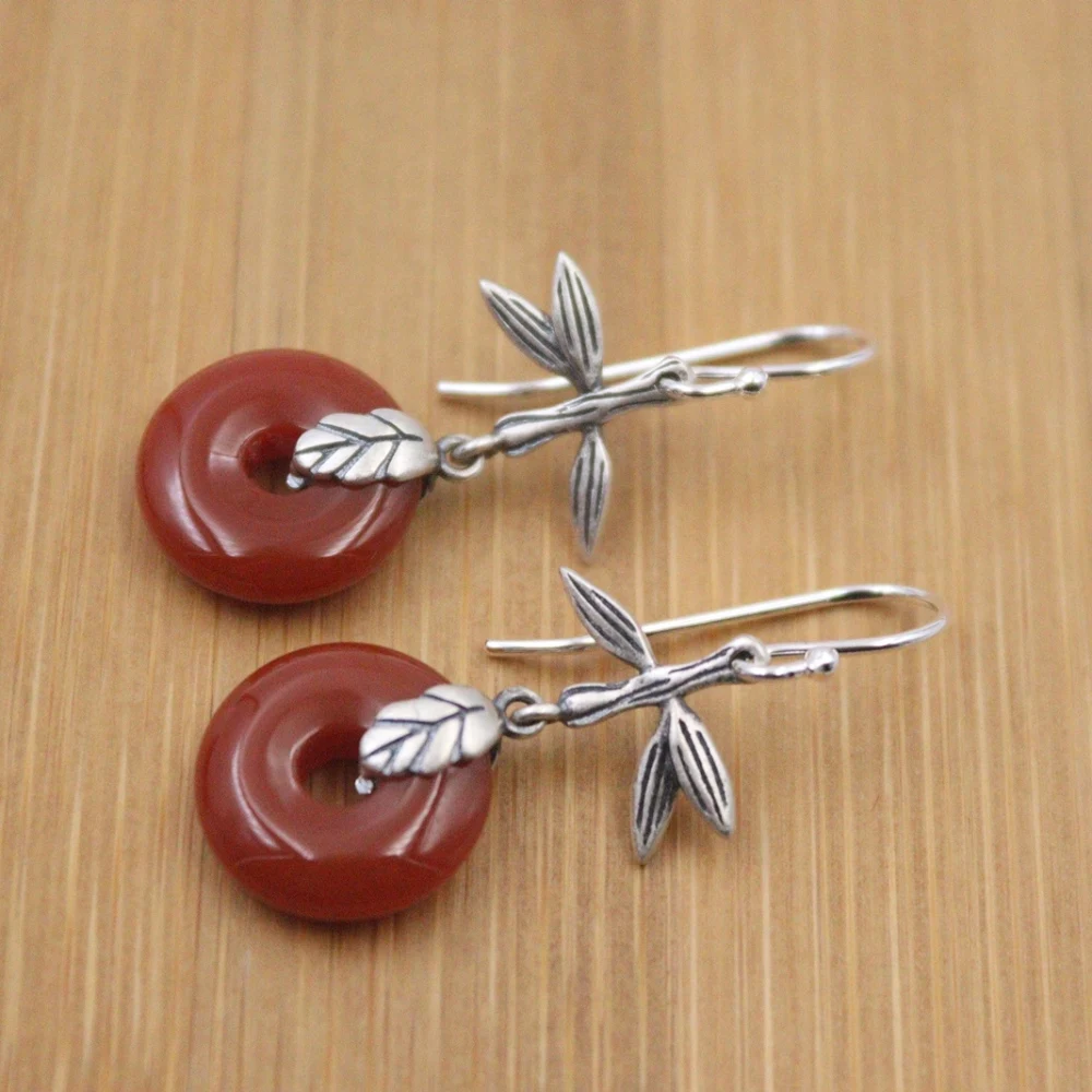 

Pure S925 Sterling Silver Red Agate Earrings Women 38*14mm Peace Buckle Leaf Dangle Earrings