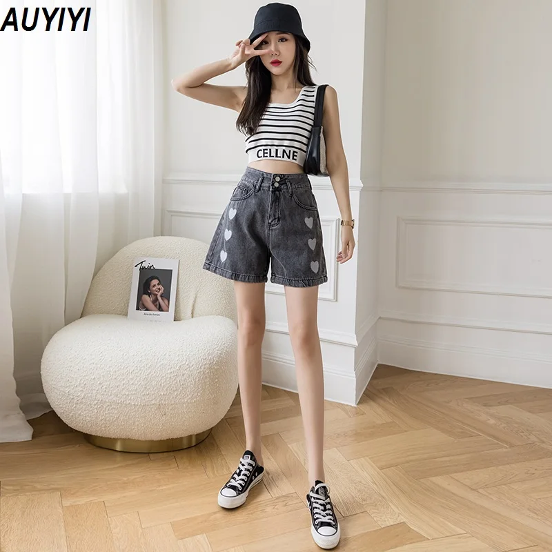 

Summer Women's New Love Embroidered Denim Shorts High Waist 2021 New Loose Wide Legs Straight and Thin AUYIYI