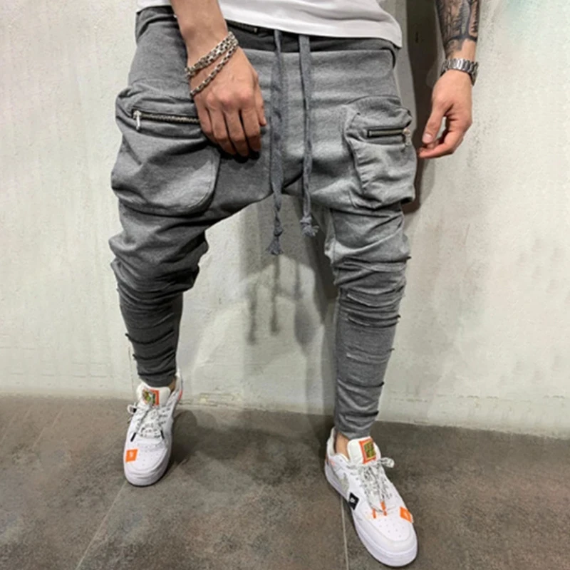 Joggers Pants for Men Elastic Waist Mens Slim Pocket foot zipper patch pocket Sweatpants Sports Fitness Activewear | Мужская одежда