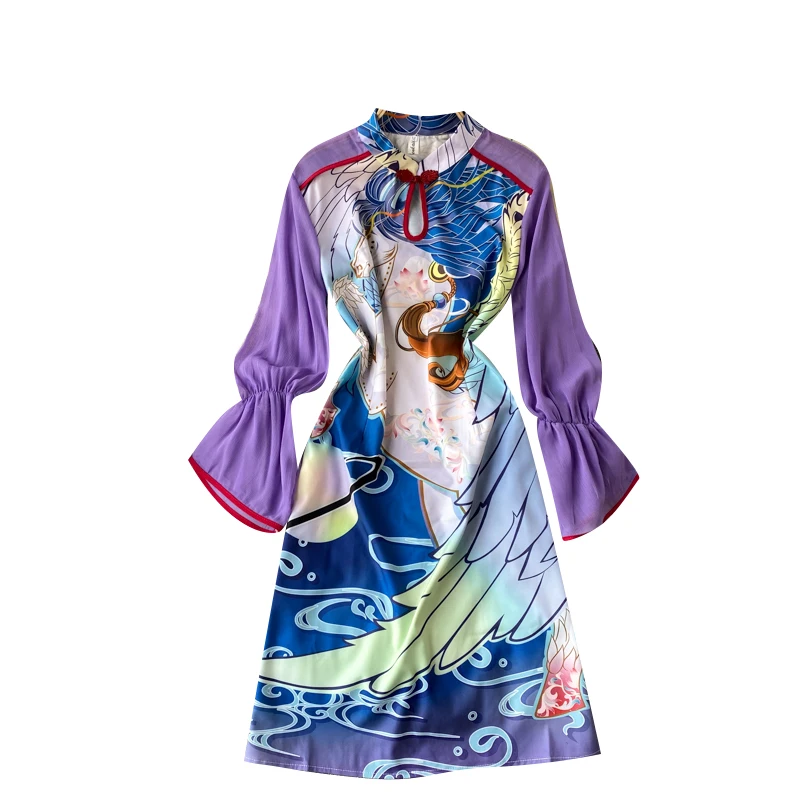 

2021 Spring New Fashion Print Vestidos Female V-neck Disc Button Trumpet Sleeve Slim Slimming Temperament Mini Dress C337