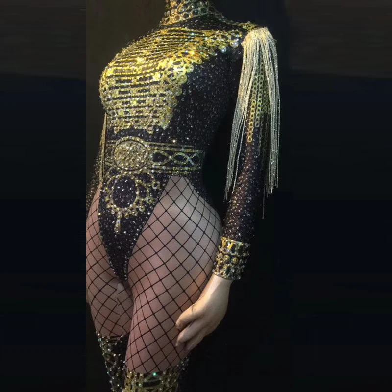 Gold Fringes Epaulet Rhinestones Jumpsuit Women Jazz Dance Stretch Bodysuit Outfit Evening Show One piece Sexy Costume club Wear