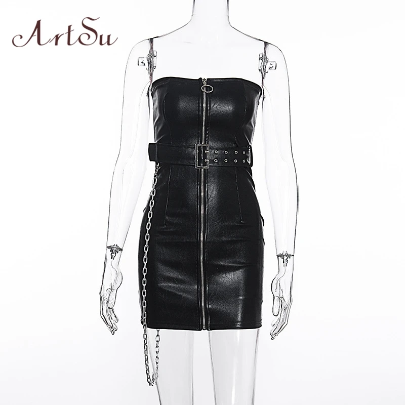 Женское кожаное мини-платье Artsu черное облегающее платье на молнии с цепочкой без