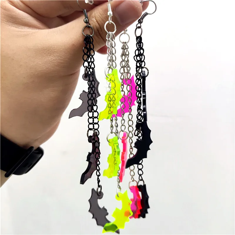 

KUGUYS Gothic Long Tassel Bat Drop Dangle Earrings for Women Acrylic Green Hot Pink Clear Black Halloween Jewelry Accessories
